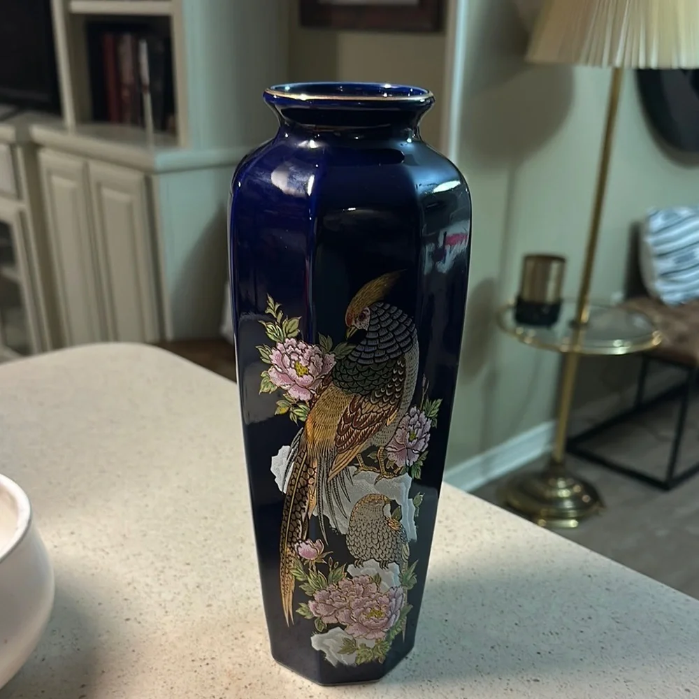 Japanese Blue Vase with Bird and Floral Design, Made in Japan